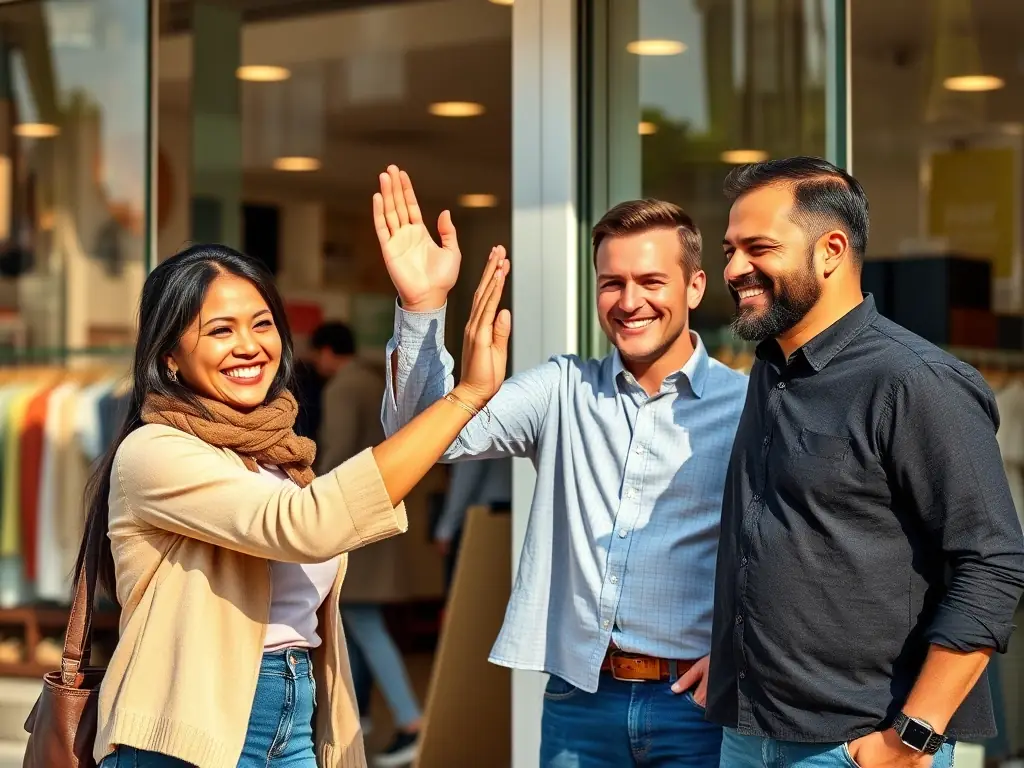A business owner celebrating with their team in front of their thriving business, symbolizing the successful funding and growth enabled by the cash advance.