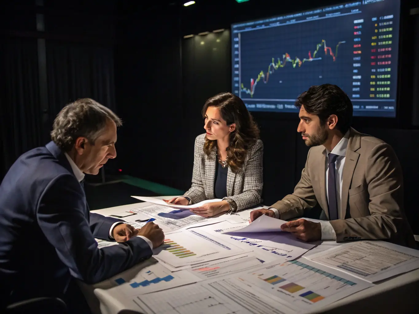 A team of financial experts analyzing data and discussing approval strategies in a bright, collaborative workspace, representing the review and approval process.