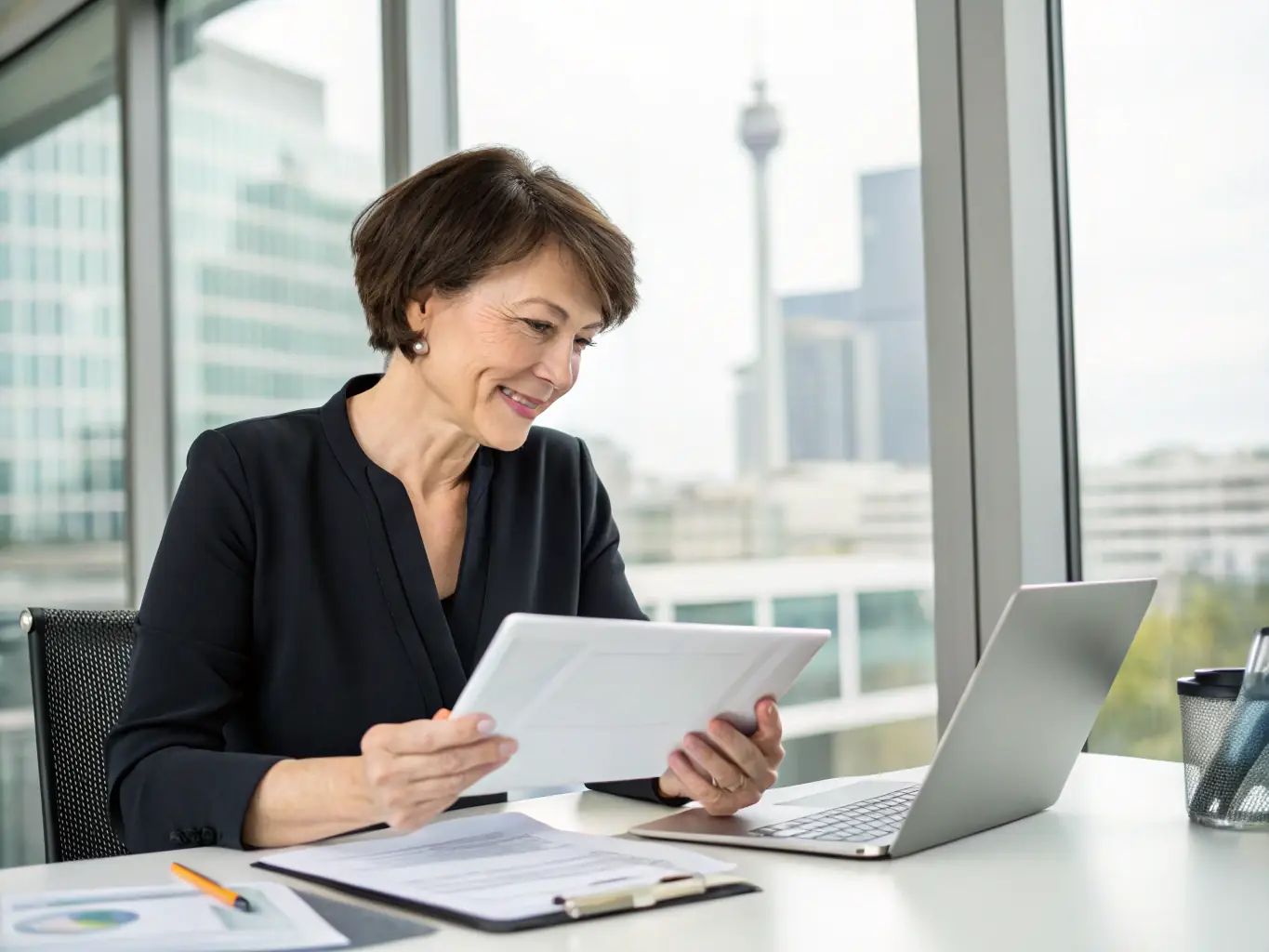 A professional business owner confidently reviewing financial documents in a modern office setting, symbolizing the initial application stage for a business cash advance.