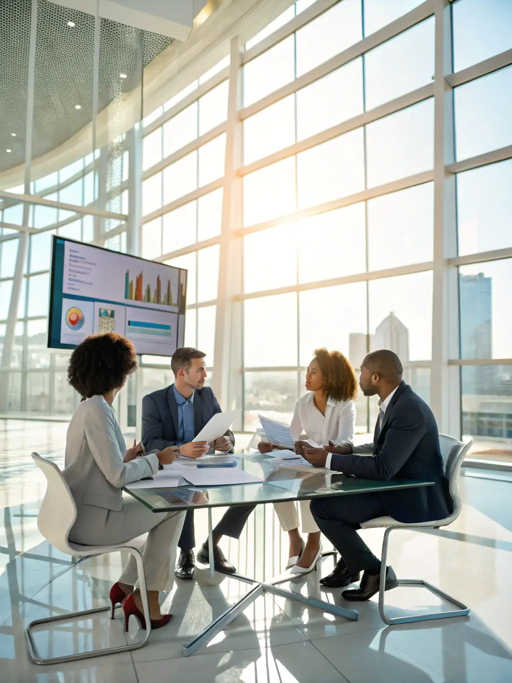 A creative agency team brainstorming ideas in a vibrant, collaborative workspace, with financial growth charts displayed on a screen.