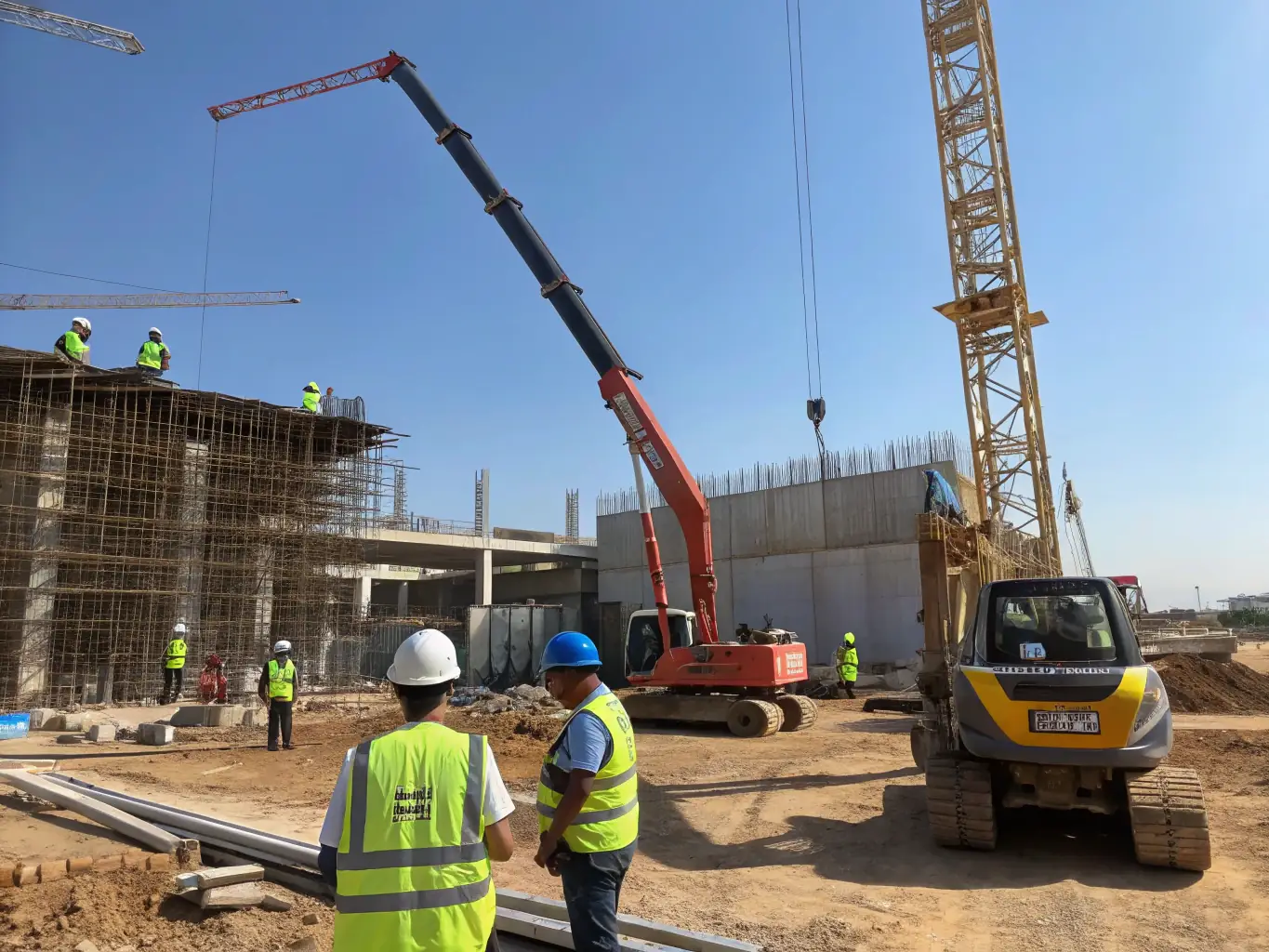 A construction site with workers using various power tools and heavy equipment, demonstrating the wide range of equipment that can be financed.