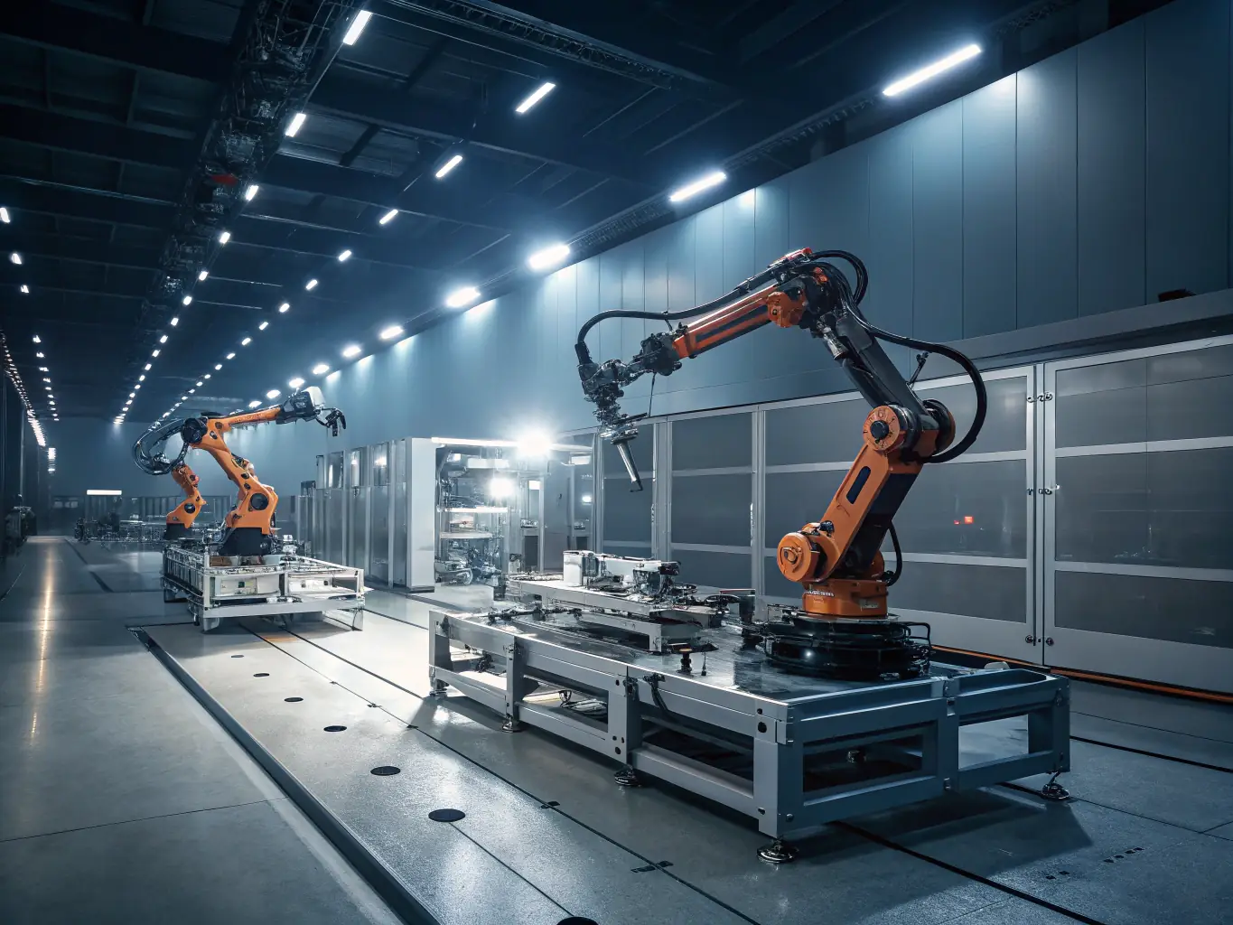 A modern manufacturing plant with robotic arms assembling products, symbolizing efficiency and technological advancement, set against a backdrop of a bustling industrial park.
