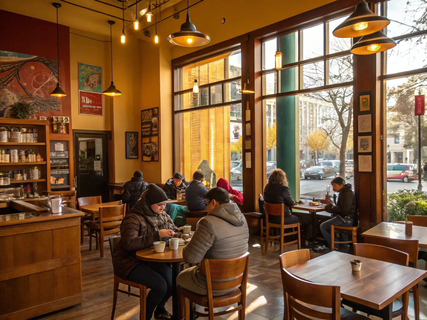 A modern, brightly lit franchise coffee shop with customers enjoying their beverages, showcasing a successful and thriving business environment.