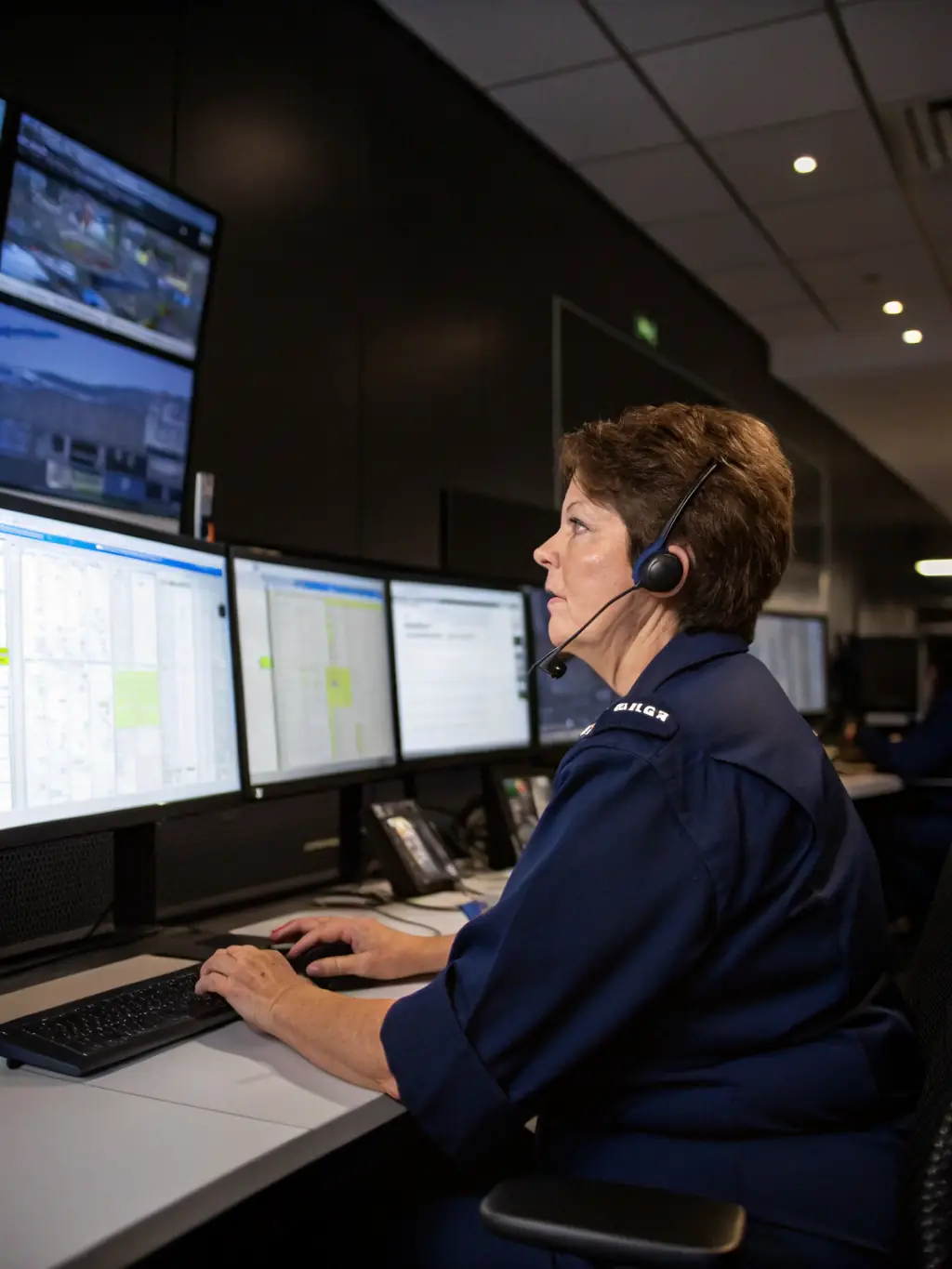 A dispatcher in a logistics office, coordinating shipments on multiple computer screens. The office is busy but organized, with maps and schedules visible.