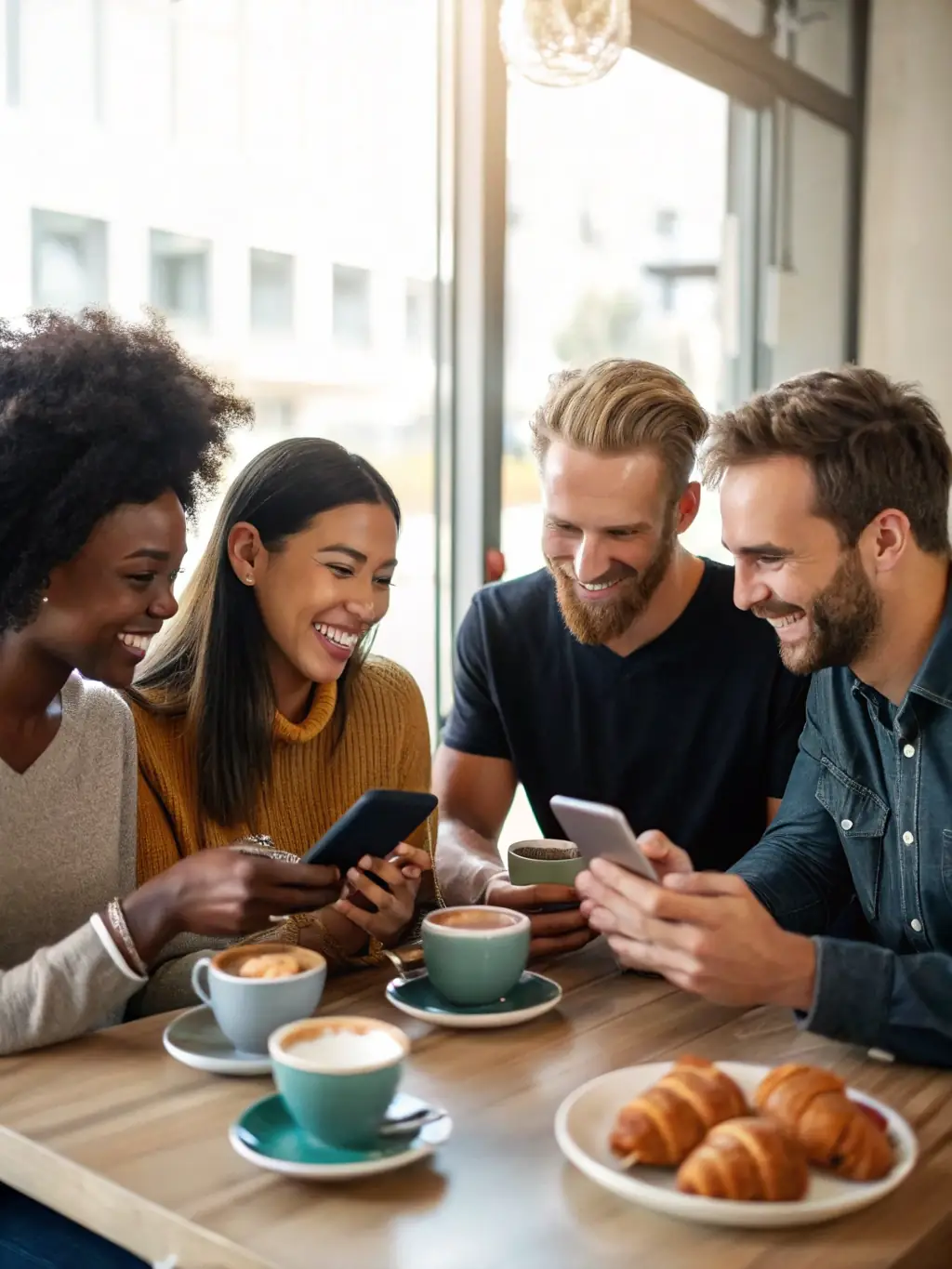 A diverse group of franchisees collaborating in a brightly lit cafe, representing OnDeckClone's support for all franchisees.