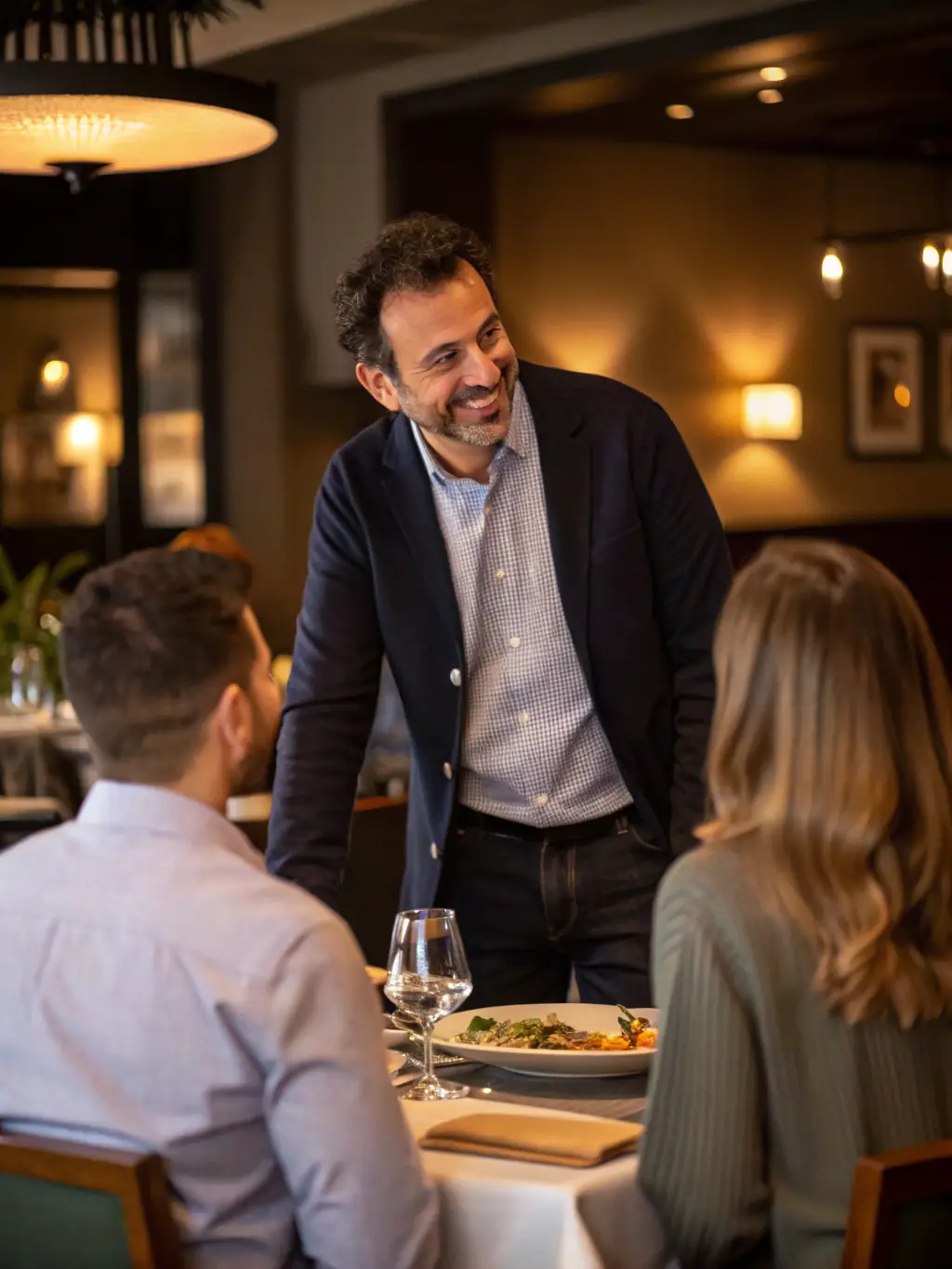 A professional photograph of a restaurant owner smiling and shaking hands with an OnDeckClone loan officer in a modern restaurant setting, symbolizing a successful partnership.