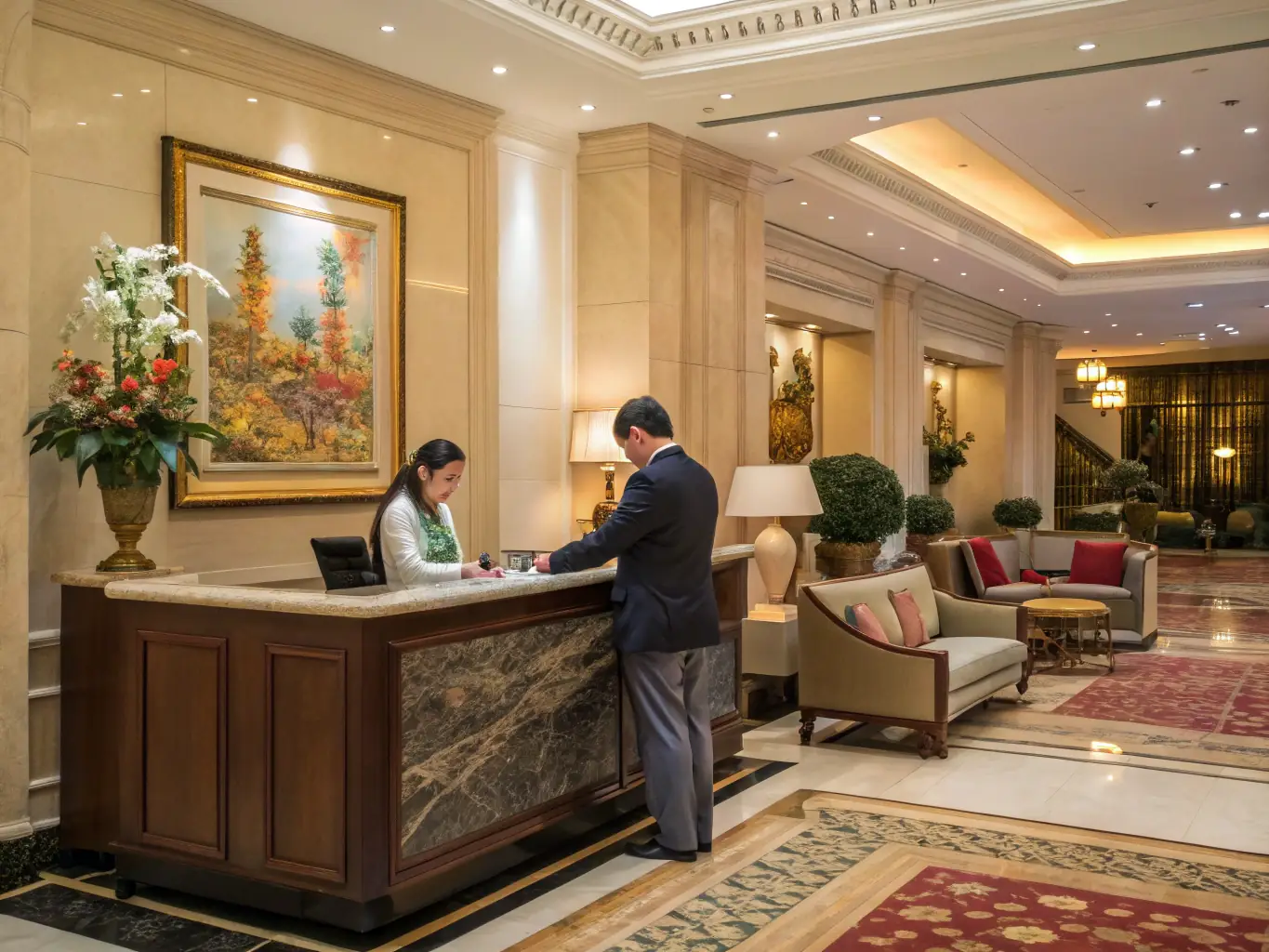 A modern hotel lobby with guests checking in, representing the use of hospitality financing for renovations and upgrades.