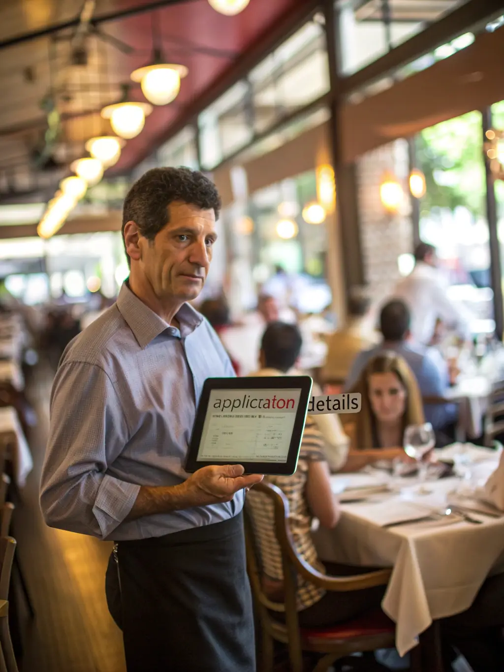 An image of a restaurant owner using a tablet to manage finances, showcasing the flexibility of OnDeckClone's loan terms.