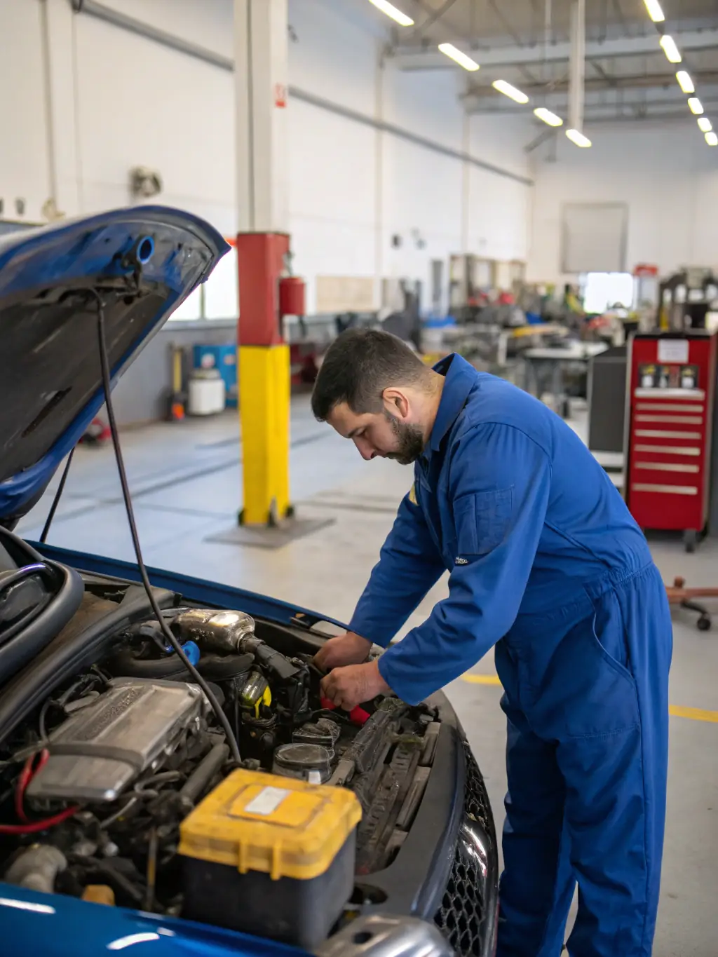 A mechanic working on the engine of a truck in a repair shop. The mechanic is using professional tools, and the shop looks well-equipped.