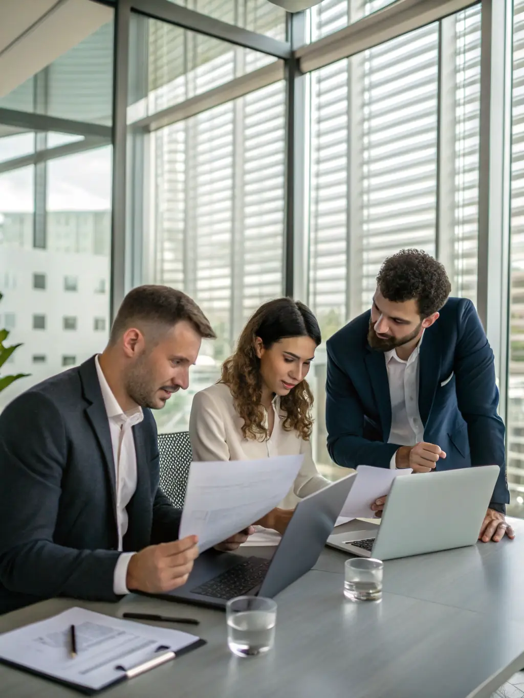 A diverse group of entrepreneurs collaborating around a table, reviewing financial documents and discussing growth strategies, representing the collaborative support OnDeckClone provides.