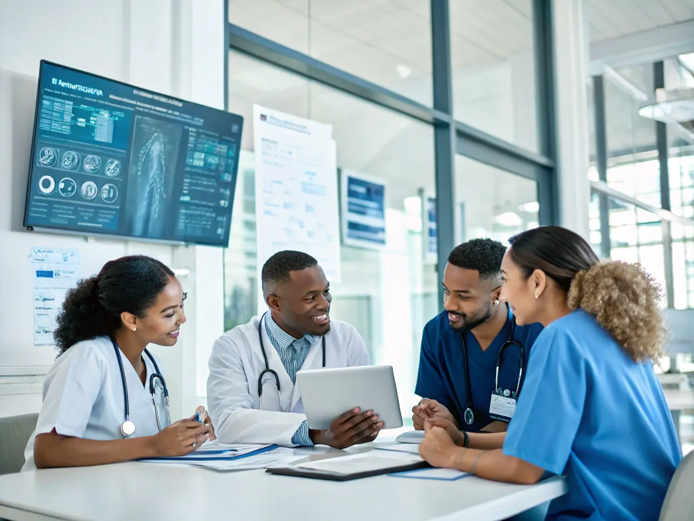 A diverse team of healthcare professionals collaborating in a modern medical office, emphasizing the ability to expand and improve staffing with OnDeckClone's healthcare loans.