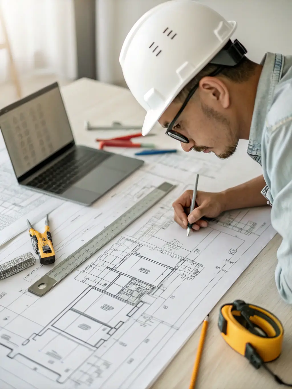 A real estate investor reviewing blueprints on a construction site, symbolizing due diligence and planning.