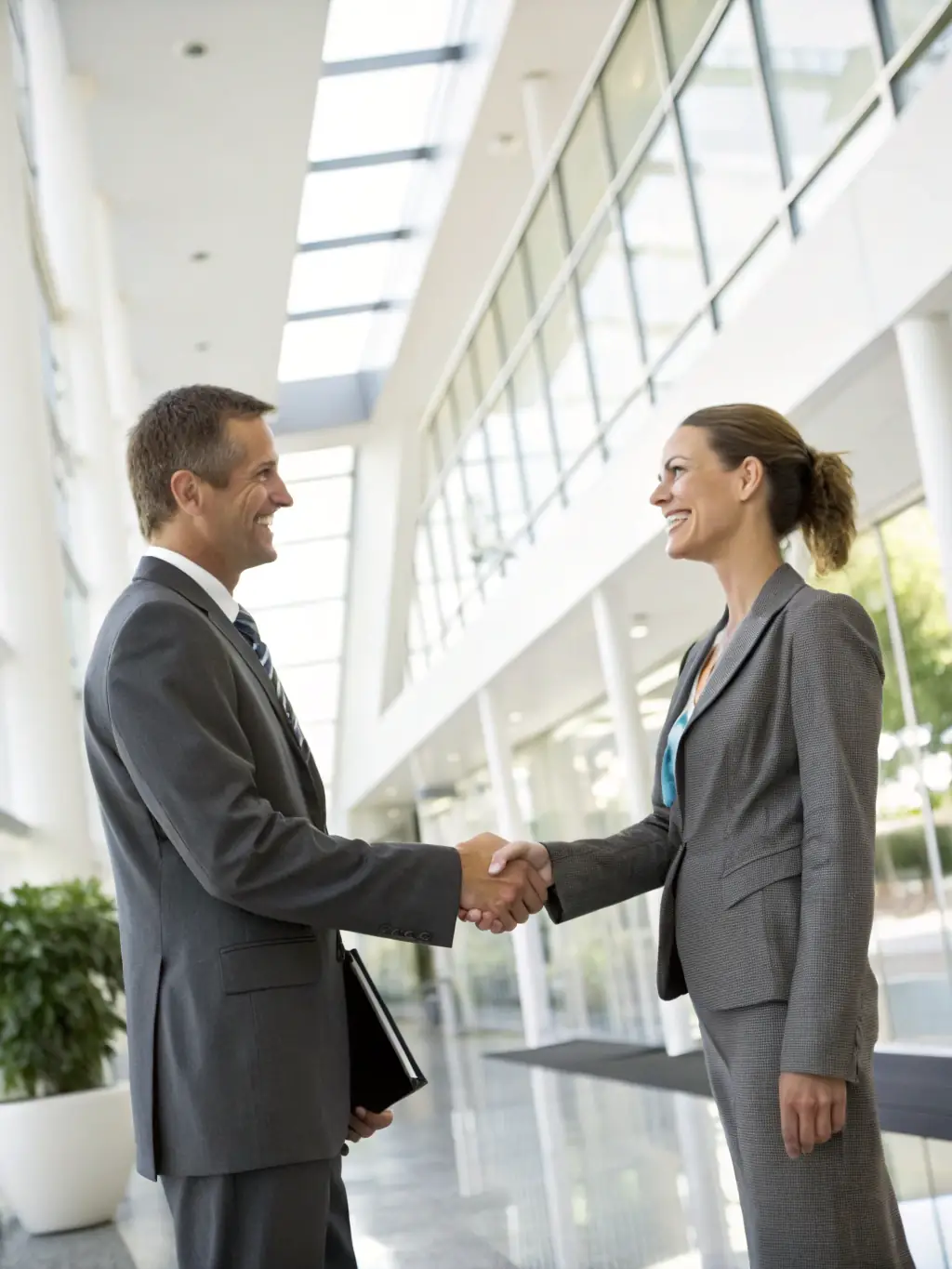 A professional businessman in a suit shaking hands with a businesswoman in a modern office setting, symbolizing a successful loan agreement and partnership with OnDeckClone.